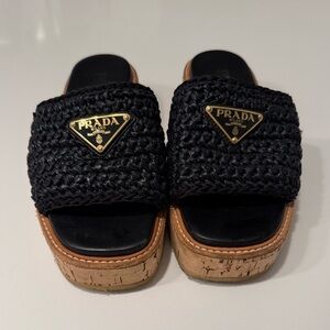 Prada Raffia Cork Flatform Sandals